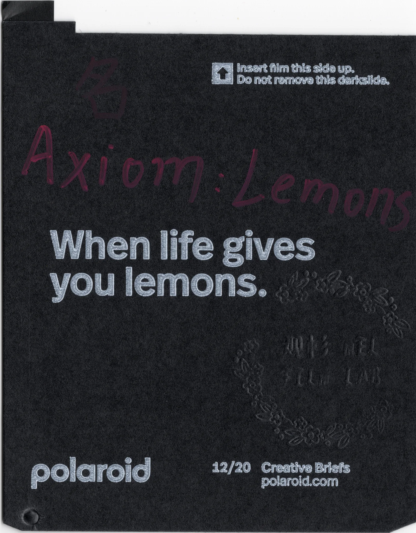 Black Polaroid darkslide marked Axiom Lemons with white printed text.