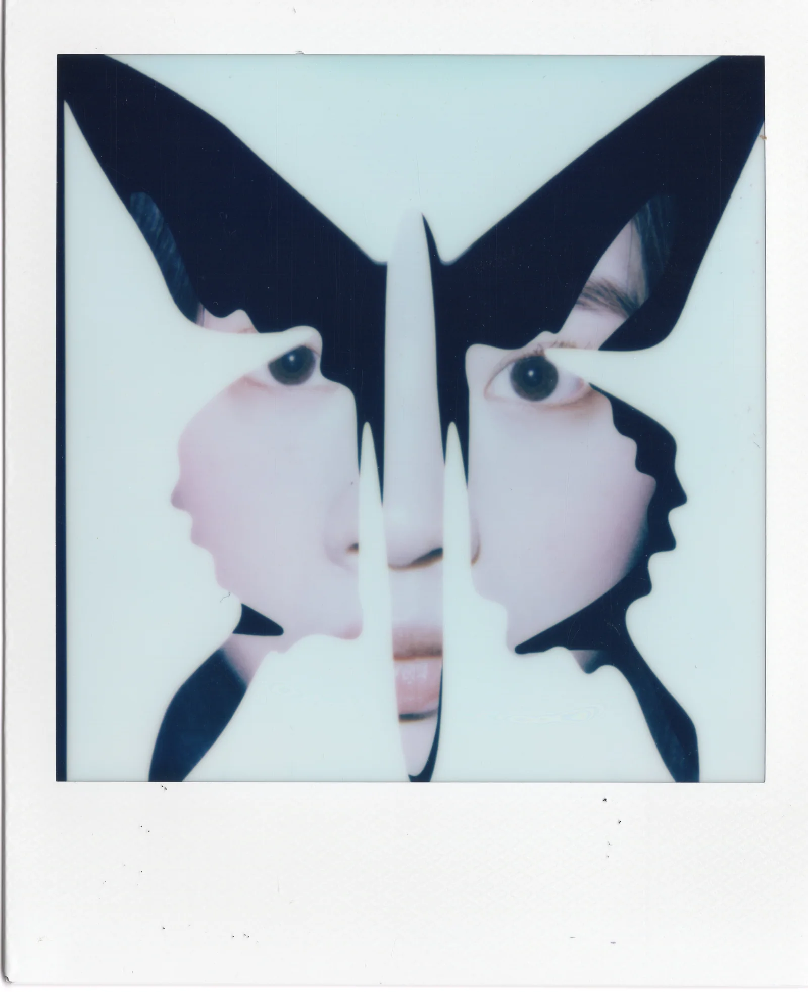 Polaroid artwork of a face split by a black butterfly-like shape.