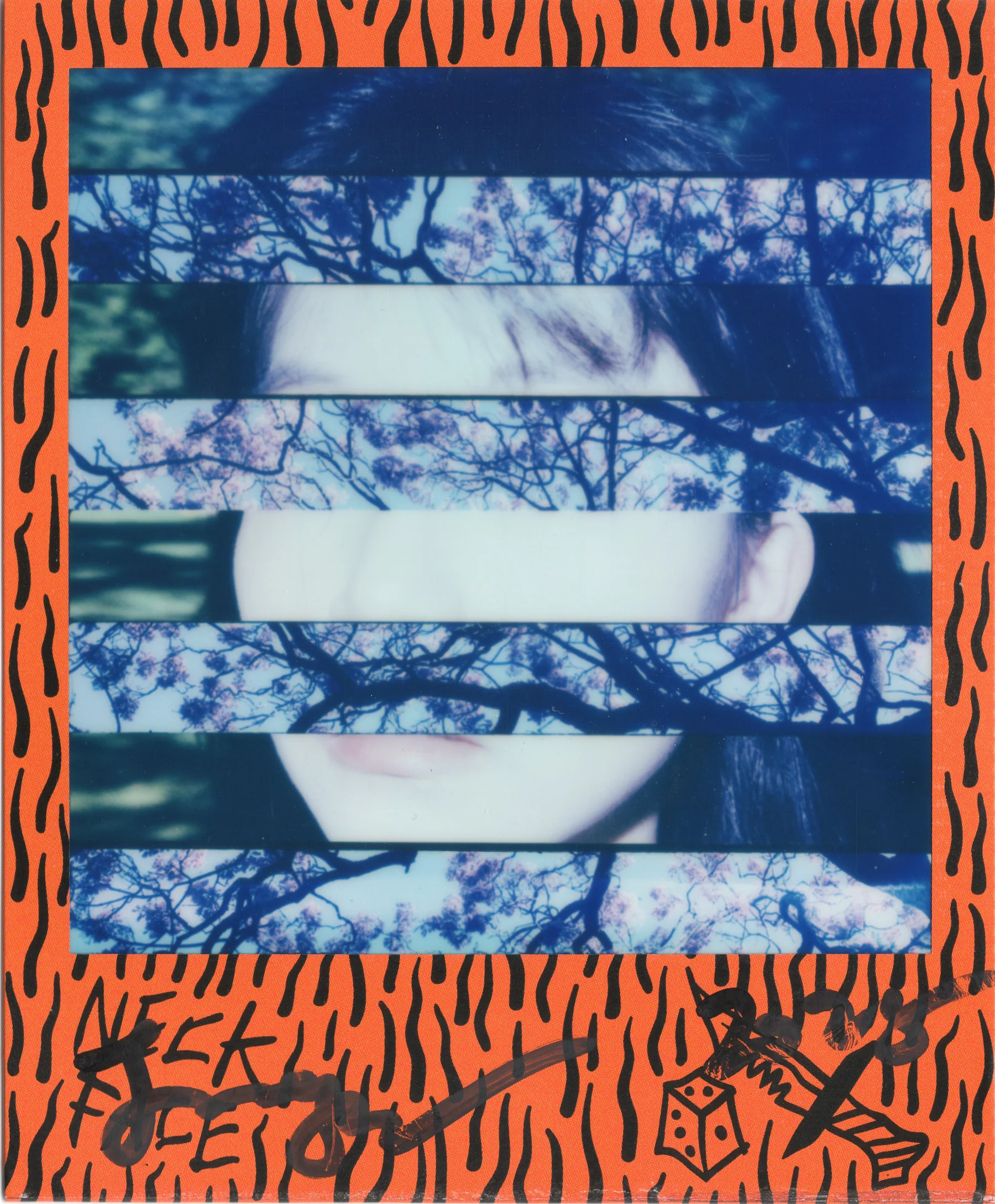 Polaroid artwork with an orange patterned border and fragmented blue image layers.