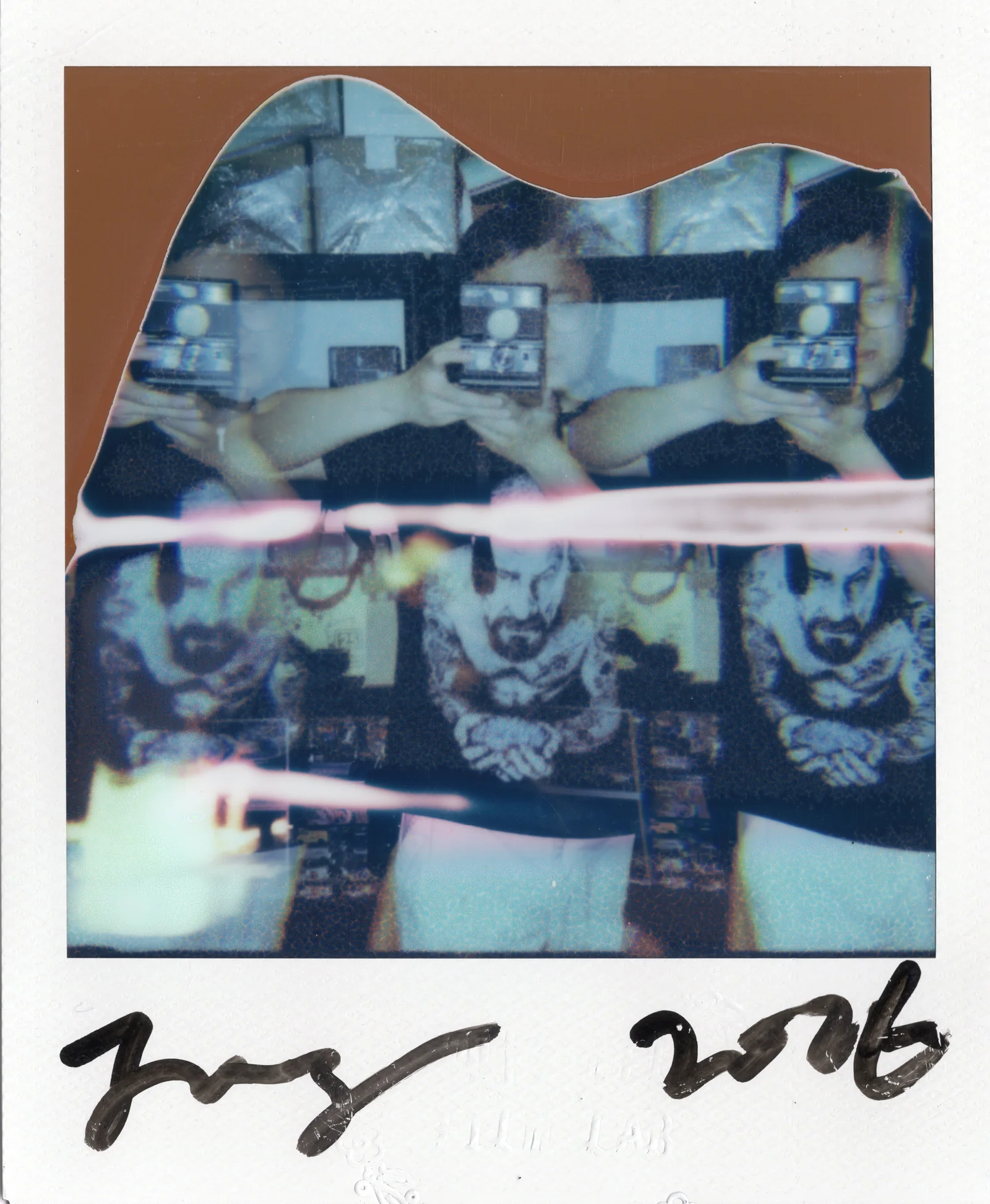 Polaroid artwork showing repeated interior image fragments and a partial figure.