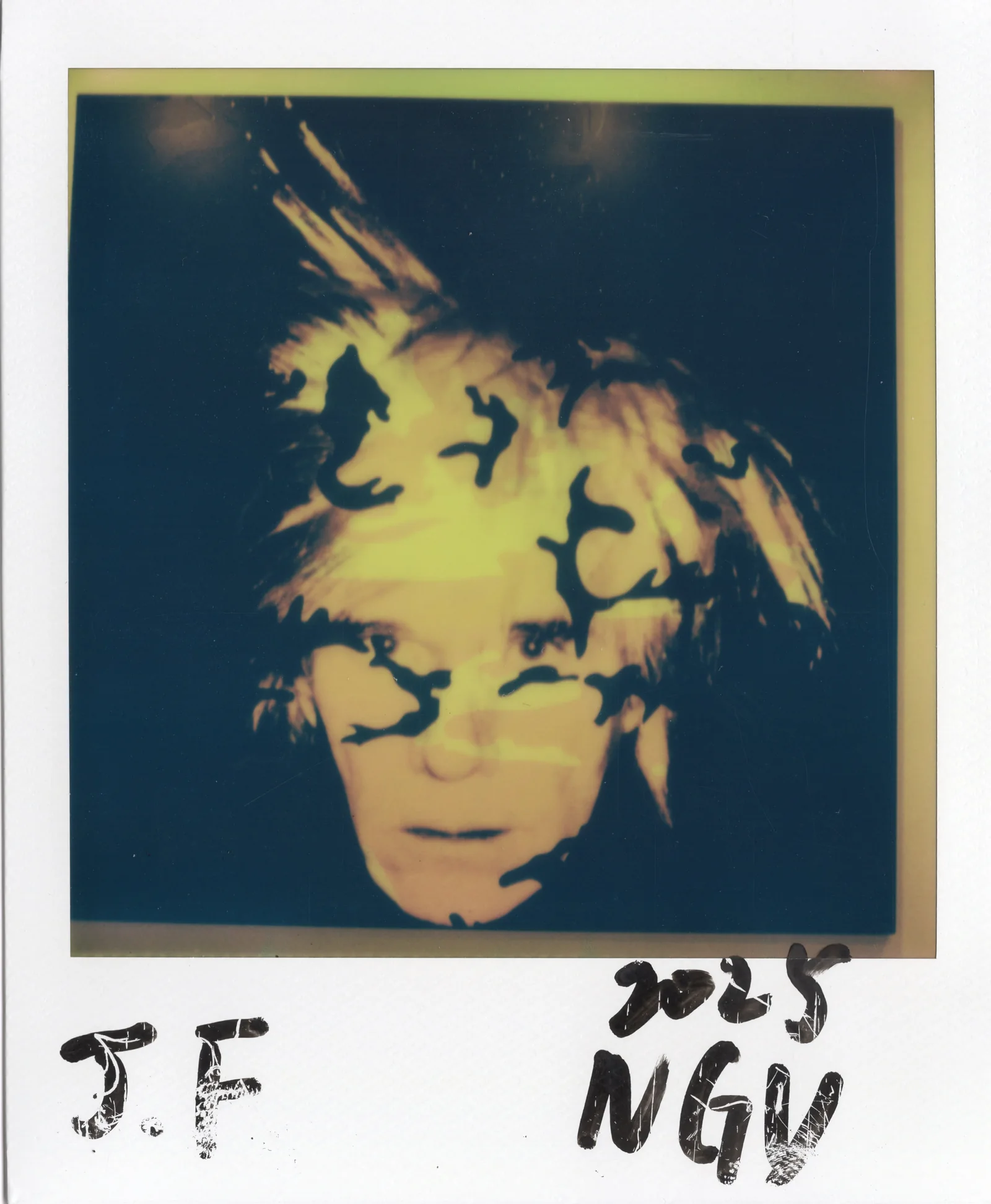 Polaroid artwork showing a Warhol-like pop icon image in green and yellow tones.