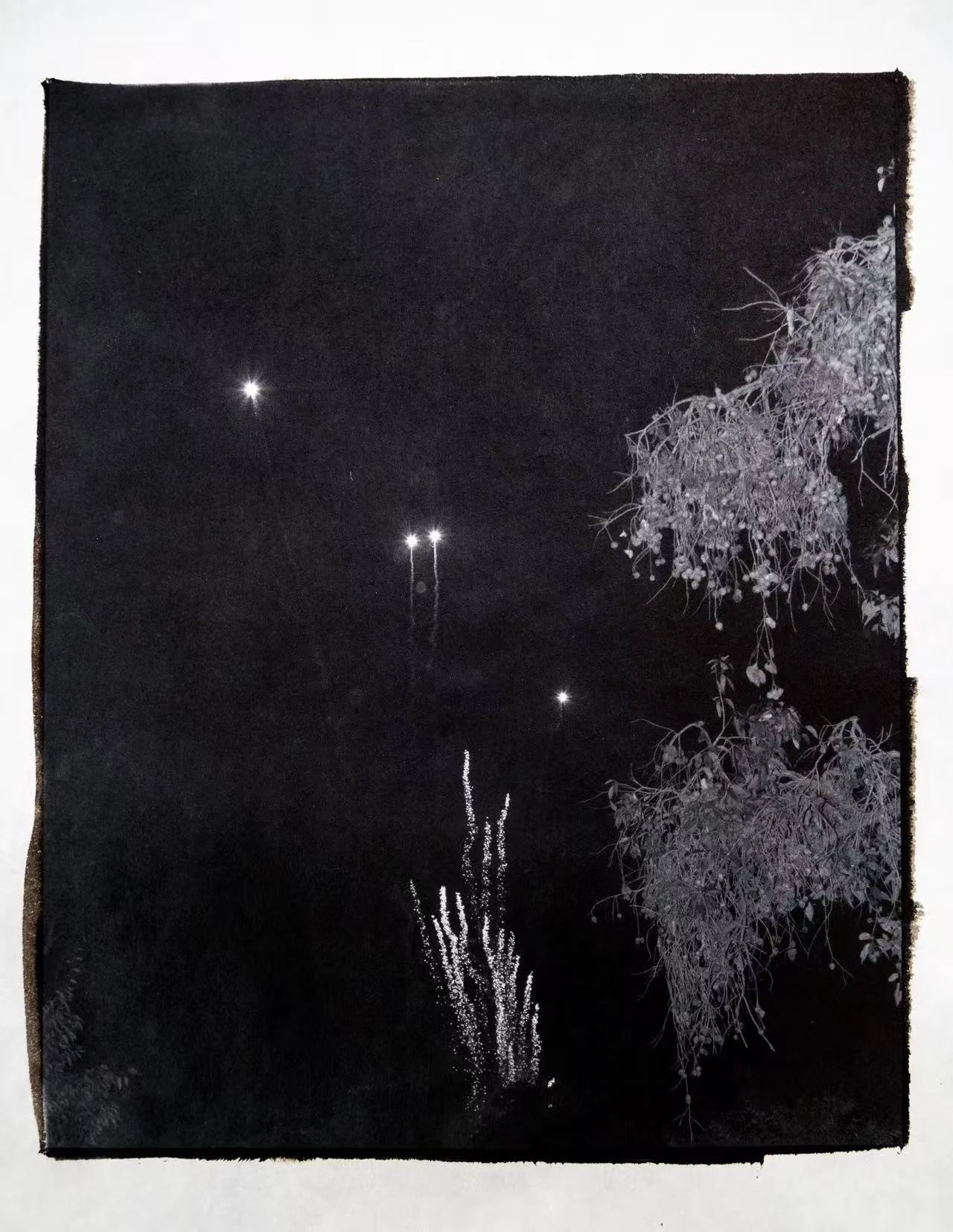Dark handmade paper study with pale marks and visible fibre-like edge texture.
