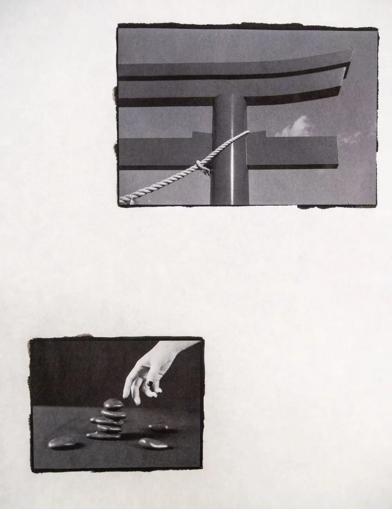 Wall study with two monochrome image records on a pale surface.
