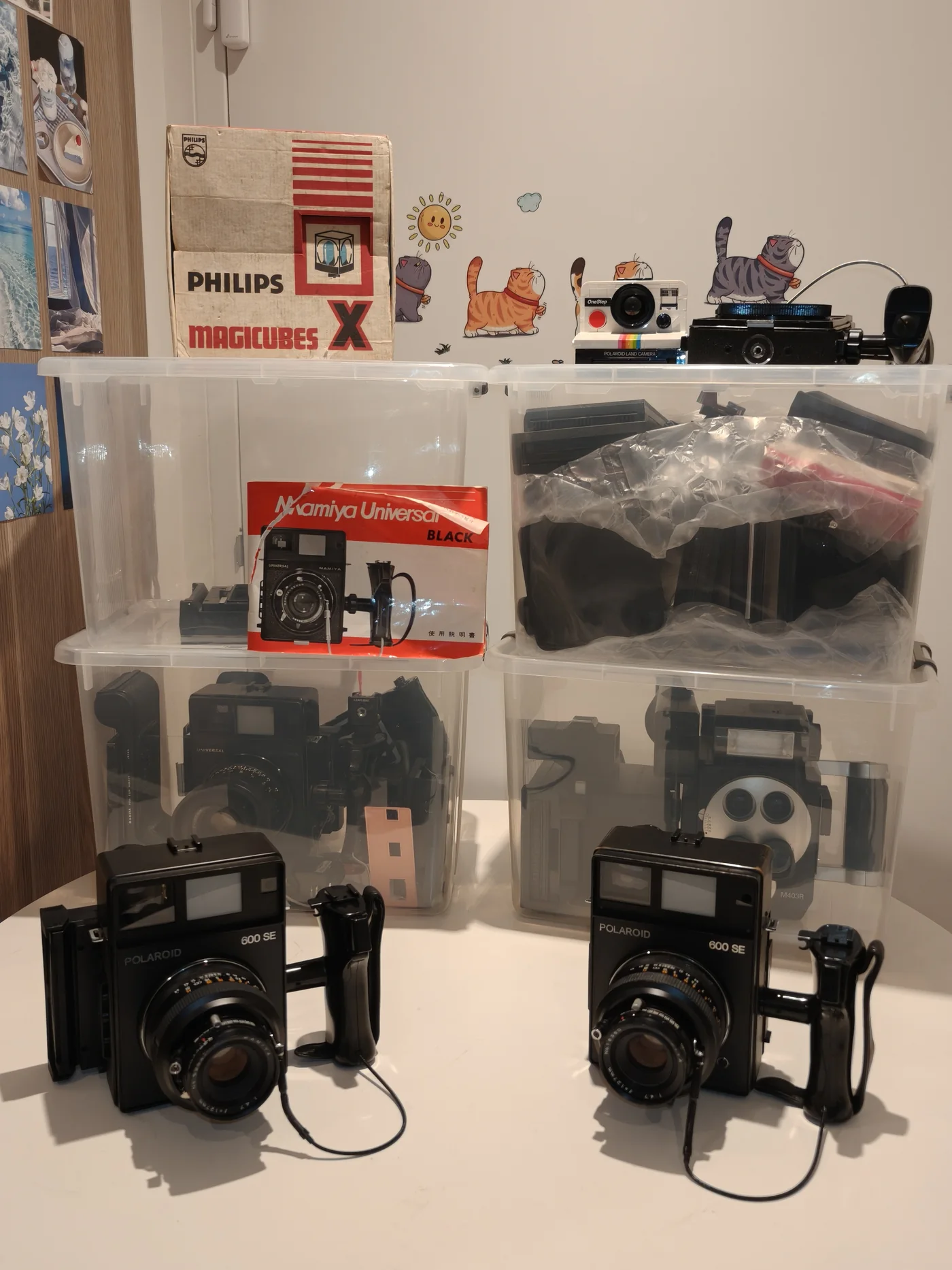 Storage boxes and vintage instant camera systems in a studio archive arrangement.