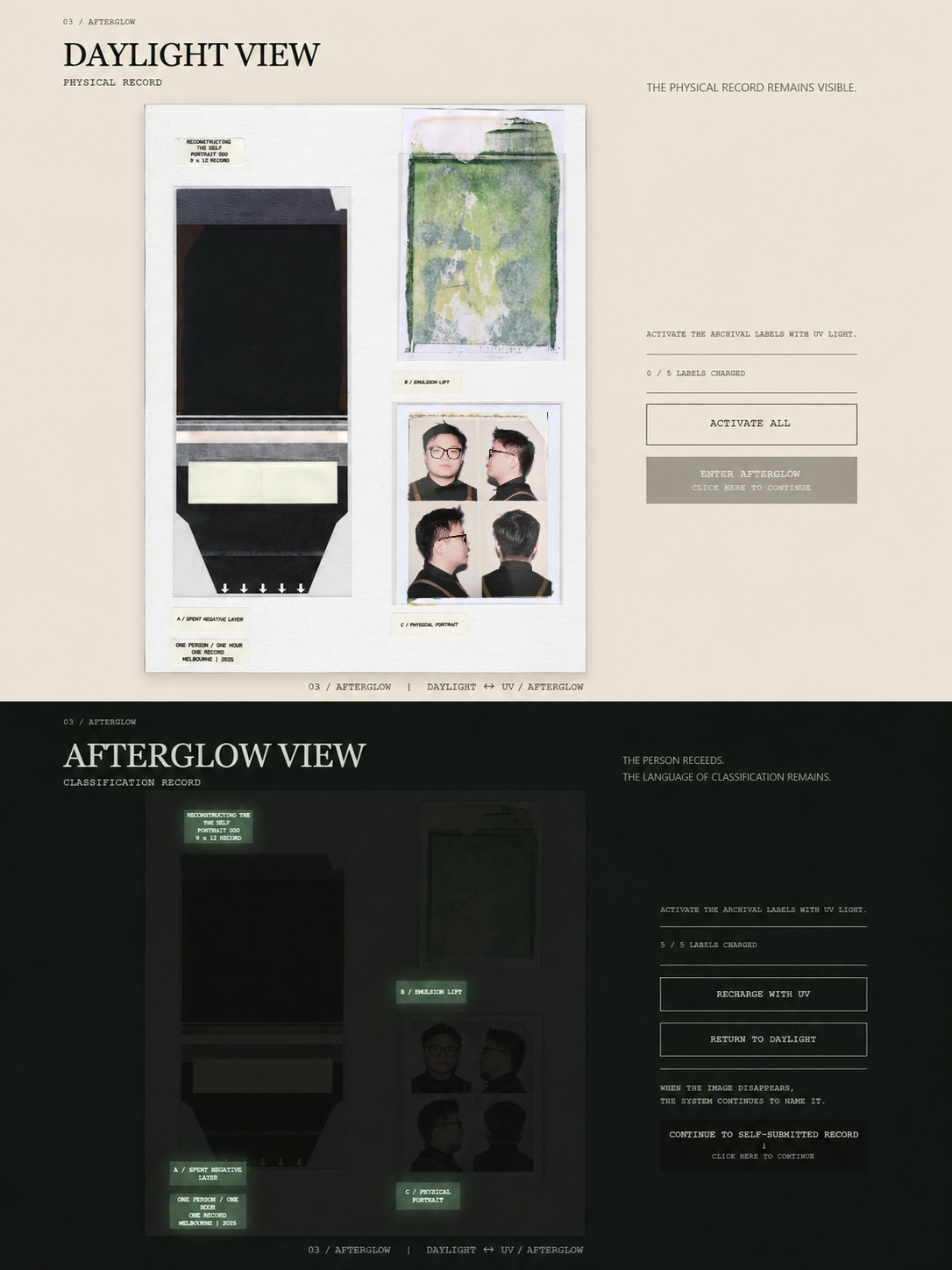 Daylight and afterglow views of a physical record, shown in the supplied project image.