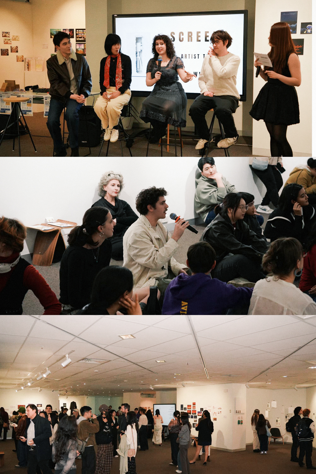 Composite photograph of a public conversation and exhibition gathering.